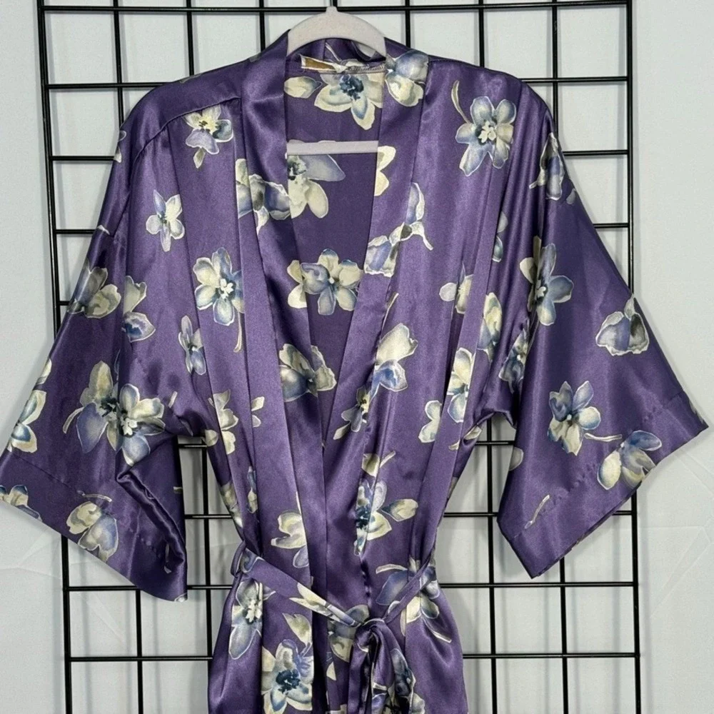 Vintage Inner Most Floral Dressing Gown Robe M/L Purple 80s Satin Travel